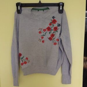 Gray Sweater with Red Floral Embroidery